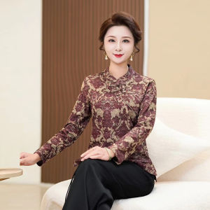 Áo Mặc Trong Dài Tay Lót Nhung In Hoa Có Nút Cài Cổ Điển Mẫu Mới Mùa Đông Trang Phục Cho Mẹ Trung Niên Và Già Áo Tôn Dáng Gầy Kiểu Tây