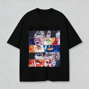 Bandai | Mens Demon Slayer Anime T-Shirt Black Cotton Multi-Eye Character Graphic Short Sleeve Tee for Otaku Casual Daily Wear Campus