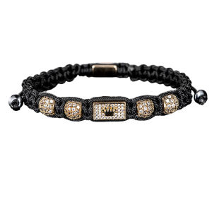 New Mens Adjustable Black Braided Crown Design Bracelet with Sparkling Synthetic Zirconia Stones Elegant GoldenTone Rectangular