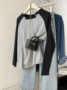 Áo Thun Dài Tay Màu Xám Cổ Điển Mỹ Dành Cho Nữ Mùa Thu Thiết Kế Áo Sơ Mi Rộng Rãi Có Tay Áo Chèn Vai