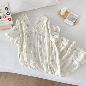 Phong Cách Công Chúa Tulip Tay Ngắn Dài Đầm Đồ Ngủ Nữ Nguyên Chất Cotton Vải Bông Gạc Quần Áo Gia Đình Mùa Hè Váy Ngủ Mặc Ngoài Trời