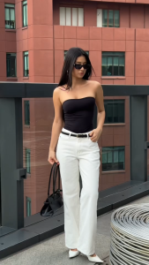 Quần jean nữ trắng ống suông lưng thấp Aaa Jeans