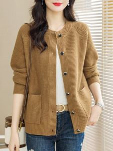 Spring and Autumn Clothing K-style Pure Color Cashmere Cardigan Womens Easiest for Match round Neck Knitting Outwear Short Loose Sweater Outer Long-Sleeves