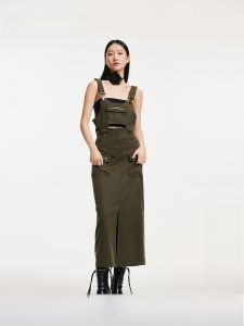 Vero Moda Street Style Zipper Pocket Halter Skirt Set High Waist Midi H-Line Solid Color Two-Piece Womens Fashion Autumn 2024