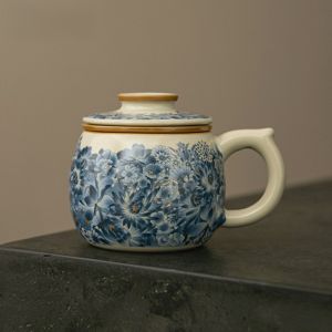 Purple Spring Ridge Ceramic Tea Cup with Lid Peach Blossom Design Yu Yuan Porcelain Tea Water Separation Mark Cup Chinese Style