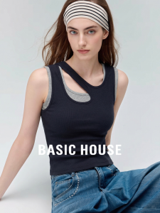 Basic House | Contrast Color Faux Two-Piece Sleeveless Vest Top