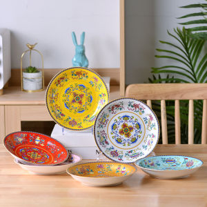 จิงเต๋อเจิ้นเคลือบสีจานเซรามิคอุณหภูมิสูงสไตล์จีนอุปกรณ์รับประทานอาหารโบราณจำลองจานแบนจานลึกชามเป่าปูฟูโชว