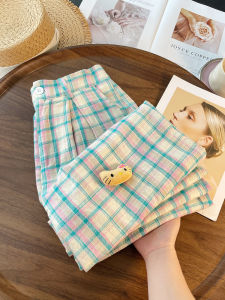 PAIBOLI | High Waist Wide Leg Plaid Casual Pants French Vintage Loose Fit Butterfly Knot Floor Length Straight Cut Trousers For Plus Size