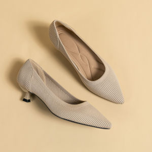Breathable Knitted Pointed Toe High Heels Womens Soft Bottom Thin Heel 3.5CM Low Heel Woven Small Heels Large Size Single Shoes
