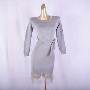 ชุดเดรสยาวปานกลางถักทรงเข้ารูปคอปกกลมสีพื้นพร้อมเข็มขัดผูกเอว ชุดเดรสยาวปานกลางทรงเข้ารูปสีพื้น ชุดทำงานฤดูใบไม้ผลิและฤดูใบไม้ร่วง