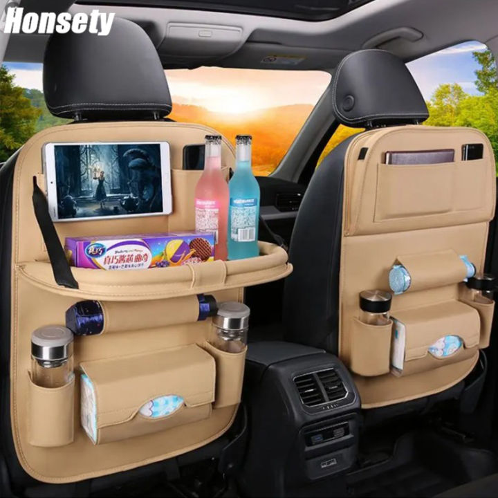 Premium Leather Car Seat Storage Bag Multifunctional Seat Back Hanging Bag Folding Dining Table Car Organizer