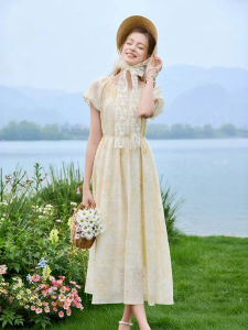 XIANGYING | Polka Dots Print A-Line Waist-Cinched Puffed Sleeves Dress