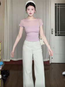 Áo Thun Tay Ngắn Dệt Kim Ice Silk Ôm Vừa Vặn Cổ Tròn Màu Hồng Mùa Hè Cho Nữ Cỡ Nhỏ Áo Thun Ngắn Dáng Ôm Phong Cách Đường Phố