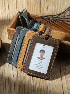 Handmade Genuine Leather Protective Case Vintage Style Bus Card Holder Lanyard Work ID Card Wallet Soft Cowhide Leather