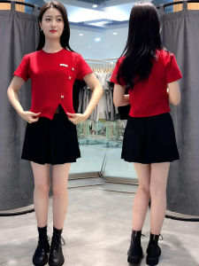 Slim Fit Pure Cotton Short Sleeve T-Shirt Womens Fashionable Mini Size Elegant Split Body Shirt Summer New Style round Neck Short Length