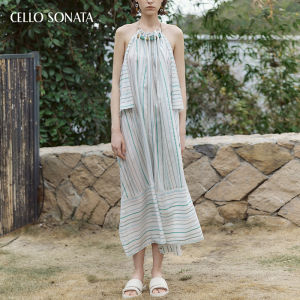 Cello Sonata | Striped Halter Necklace Backless Summer Long Dress