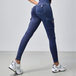 Mitaogirl High Waist Denim Blue Fitness Pants Womens Tight Running Trousers Breathable Training Yoga Pants Long Pants