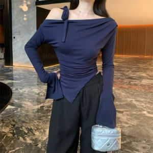 GUZILIAN | Korean Style Early Autumn Gentle Tie Side Long Sleeve Base Shirt Women Pure Color Fashion Asymmetrical Slim T-Shirt Top