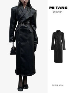 Mi Tang/Rice Soup Fancy Black Leather Coat Outwear Female Fall and Winter Slim Double-Breasted Mid-Length Coat