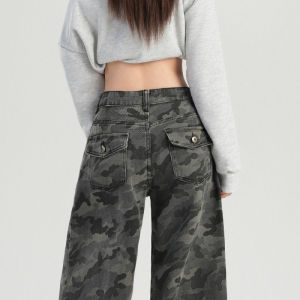 QIAOMIDUO | Retro American Camouflage Pants High Waist Wide Leg Long Length Loose Fit For Taller Women Pear Shaped Body Dad Jeans