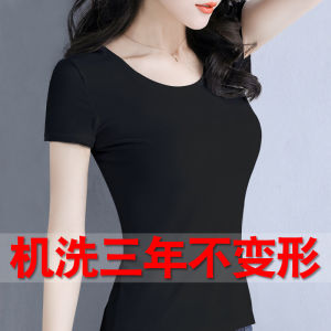 Pure Cotton Black T-Shirt Womens Short Sleeve Slim Fit Summer Tight Half Sleeve Base Shirt White Color round Neck Top
