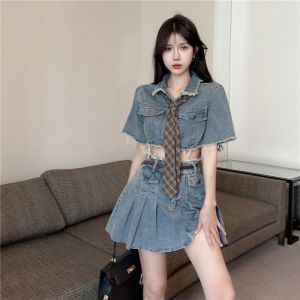 IELGY Sweet high waist pleated skirt + American hot girl denim top two-piece suit for women [order separately]