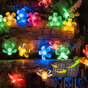 Solar Flower String Lights Fairy Light Outdoor Waterproof Cherry Blossoms Solar Garden Decorations for Fence Patio Yard Christmas Tree Lawn Patio Party
