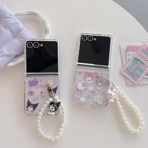 Sanrio | Korean INS Kawaii Kuromi HelloKitty Slim Phone Case for Samsung Galaxy Z Flip 8 7 6 5 Anti-lost Strap Shockproof Protector Cover