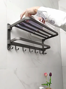 Punch-free Bathroom Towel Holder Towel Rack Aluminum Shower Room Towel Bar Hanger Double Foldable