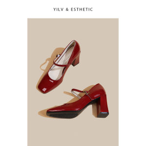 French Mary Jane Shoes Womens Small Leather Shoes with Strap Flats Flats Retro Red Patent Leather Chunky Heel Square Toe High Heels