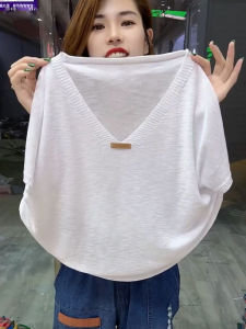Summer Thin Cotton Linen Base Shirt Loose Womens V-neck Knitted Top Transparent Lightweight Short Sleeve T-shirt