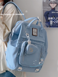 Japanese Style Chic Large Capacity Canvas Backpack for Girls Casual Zipper Closure Pure Color Nylon Cloth Shoulder Bag