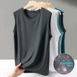 Ice Silk Vest Mens Summer Ultra-Thin Outdoor Fitness Running Mesh Sport Looseness Quick Dry Sleeveless T-Shirt round Neck Pure Color