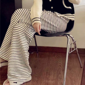 Quần Ống Rộng Kẻ Sọc Đen Trắng Cạp Cao Cho Nữ Mùa Xuân 2023 Quần Dài Đến Sàn Dáng Rộng Phong Cách Mới Có Túi