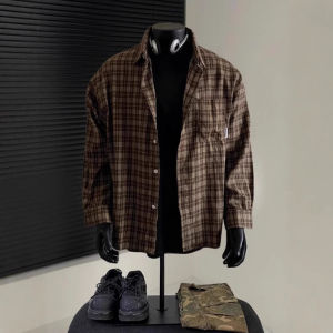 LEMON American retro brown plaid shirt mens spring and autumn Maillard wears a cotton polished long-sleeved shirt with a coat inside