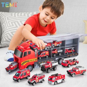 TEMI Truck Carry Case With 6pcs Mini Alloy Engineering Vehicle Model Car Toys For Kids Boys Gifts Upgrade Lighting Sound Effects and Early Childhood Education Stories