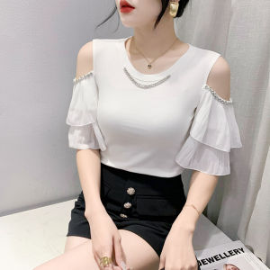 YIMEI เสื้อยืดผ้า ระบาย สตรี ประดับลูกปัด คอกลม แขนสั้น ผ้าฝ้า 2023 เสื้อเปิดไหล่ เซ็กซี่
