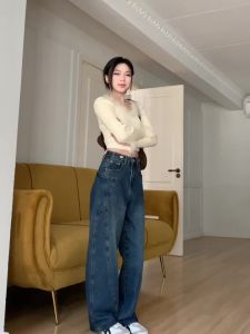 2026 Womens High Waist Denim Pants Y2K Vintage Wide Leg Navy Contour Line Drag Trousers