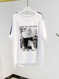 White Ice Hemp Cotton T-Shirt Loose Mid-Length Printed Slimming Half-Sleeve Summer Fashion Womens Large Version Shirt