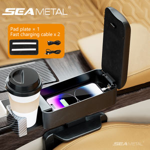 SEAMETAL Car Armrest Box Organizer Adjustable Height Elbow Rest Pad With Charging Cable Water Cup Holder