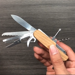 11 In 1 Multifunction Camping Knife Wooden Handle Swiss Knife Portable Folding Army Knife Multitool Survival Gadgets Camping Emergency Tools