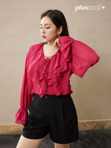 Plusmall Sweet Peach Scented Woven Chiffon Spring Edition V-neck Design Sense Belted Top Womens Fashion Shirt Long Sleeve