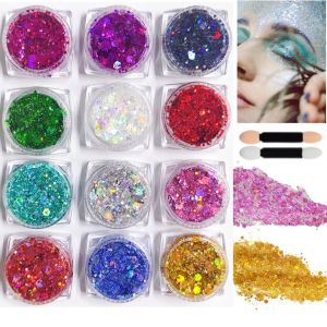 Glitter Gel for Face 12 Colors Holographic Sequin Makeup Festival Glitter Gel for Body Face Eyeshadow Nails and Hair
