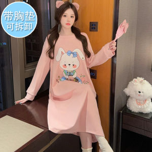 Womens Long Knee-Length Sleep Dress with Chest Pad Autumn Warm German Velvet Cartoon Student plus Size Pregnant Women Nightgown