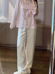 Elegant High Waist Wide Leg Pants Womens Casual Loose Fit Chinese Style Straight Cut Trousers Comfortable Summer Fashion