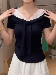 BINKAFENNY | Plus Size Lace Splice Short Sleeve T-Shirt V-Neck Slim Fit Summer Sweet And Spicy Girl Shoulder Level Top For Fat MM