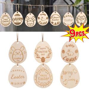 YESPERY 9pcs/set Easter Eggs Wooden Slice Wooden Engraving Pendant Happy Easter Photography Props Kids DIY Painting Gifts
