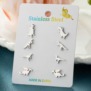 4Pairs/Lot Tiny Tyrannosaurus Rex Earings Cartoon Dinosaur Stainless Steel Stud Earrings for Girls Party Jewelry Accessory