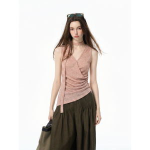 EVPGB | Áo Thun Không T Tay Ôm Dáng Thiết Kế V-Neck Chéo Lệch Có Nếp Nhăn ở eo