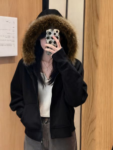 SUHUIQIAN | Black Fur Collar Women Autumn Winter Coat Thickening Hoodie